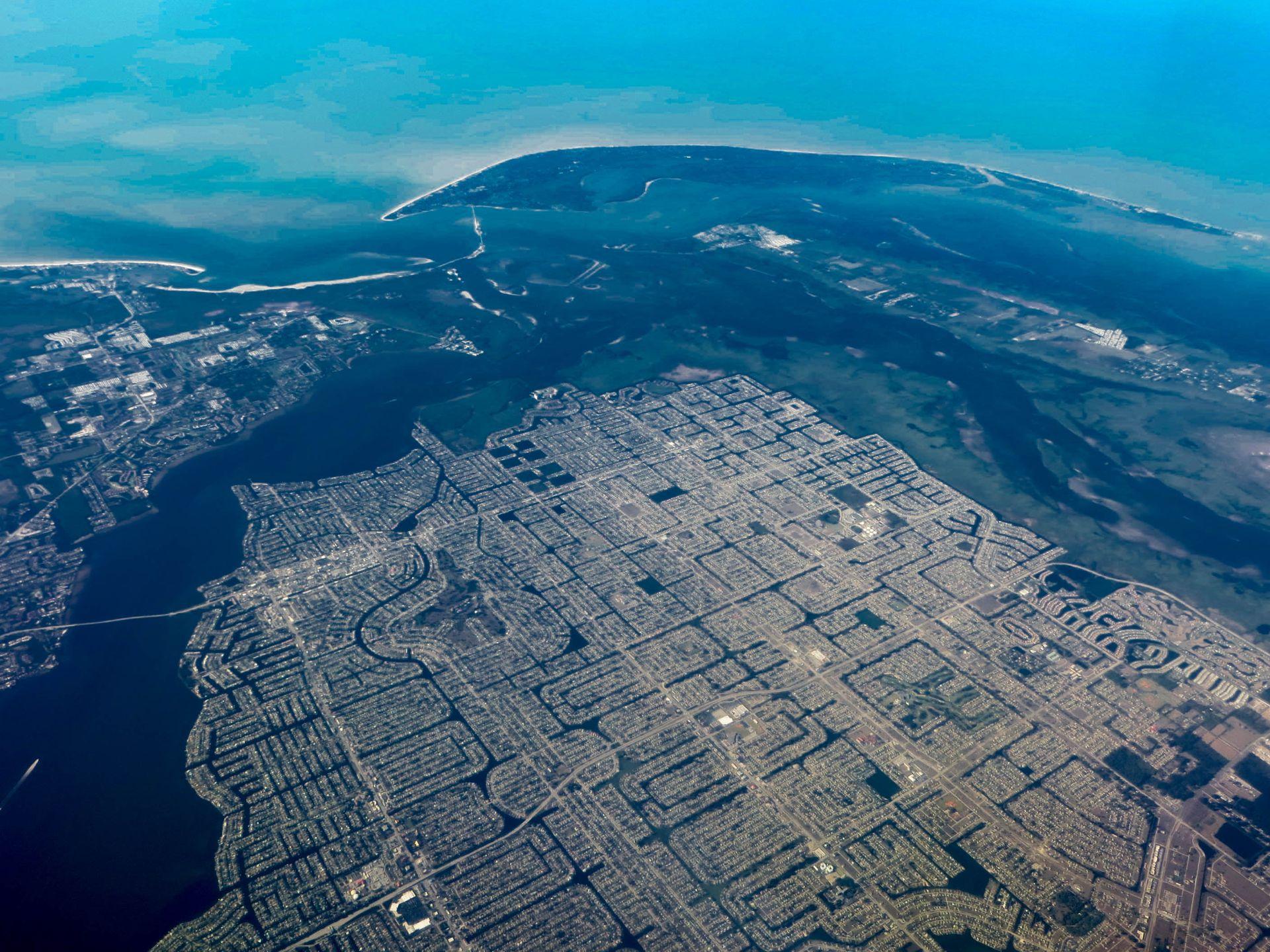 Aerial view of the Cape Coral canal grid along the Caloosahatchee River